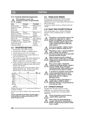 Page 228228
ČEŠTINACS
5.7.2 Kontrola elektrické bezpe čnosti
P řed použitím se musí vždy 
zkontrolovat funkce bezpe čnostního 
systému.
5.8 SPUŠT ĚNÍ MOTORU1.  Zkontrolujte, zda je PTO vypnutý. 
2.  Nenechávejte chodidlo na pedálu pohonu. 
3. Ovladač plynu nastavte na 1/4 otáč ek. 
4. Úpln ě sešlápn ěte brzdový pedál. M ěla by se 
rozsvítit kontrolka (1:M).
5. P řed studeným startem p ři nízké teplot ě byste 
m ěli motor p ředeh řát. Viz 3.4.4.1. Oto čte 
klí čkem zapalování a nastartujte motor.
6. Nikdy nezat...