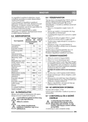 Page 245245
MAGYARHU
Az engedéllyel rendelkező m űhelyben végzett 
szolgáltatás garantálja az eredeti alkatrészekkel 
végzett profi munkát.
A szerviznaplót az engedéllyel rendelkez ő 
m űhelyben minden szervizelés alkalmával le kell 
bélyegezni. A rendesen vezetett szerviznapló 
értékes dokumentum, ami növeli a gép értékét, ha 
használtan értékesíteni kívánja.
A szervizpontok megtalálhatók az alábbi 
táblázatban: Az eljárások végrehajtásának leírását 
az alábbi táblázat tartalmazza.
6.2 SZERVIZPONTOK.
6.3 EL...