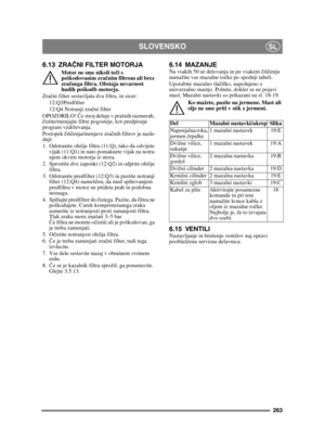 Page 263263
SLOVENSKOSL
6.13 ZRAČNI FILTER MOTORJA
Motor ne sme nikoli te či s 
poškodovanim zra čnim filtrom ali brez 
zra čnega filtra. Obstaja nevarnost 
hudih poškodb motorja.
Zra čni filter sestavljata dva filtra, in sicer:
12:Q3Predfilter
12:Q4 Notranji zra čni filter
OPOZORILO!  Če stroj deluje v prašnih razmerah, 
č istite/menjajte filtre pogosteje, kot predpisuje 
program vzdrževanja.
Postopek  čiš čenja/menjave zrač nih filtrov je nasle-
dnji:
1.  Odstranite ohišje filtra (11:Q), tako da odvijete...