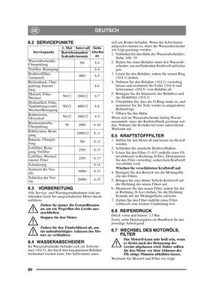 Page 8080
DEUTSCHDE
6.2 SERVICEPUNKTE.
6.3 VORBEREITUNGAlle Service- und Wartungsmaßnahmen sind am 
ruhenden Gerät bei ausgeschaltetem Motor durch-
zuführen.Ziehen Sie immer die Feststellbremse 
an, um ein Wegrollen des Geräts aus-
zuschließen.
Stoppen Sie den Motor.
Ziehen Sie den Zündschlüssel ab, um 
ein unbeabsichtigtes Anlassen des Mo-
tors zu verhindern. 
6.4 WASSERABSCHEIDERIm Wasserabscheider befindet sich ein Schwim-
mer (10:L5), der durch den transparenten Behälter 
beobachtet werden kann. Der...