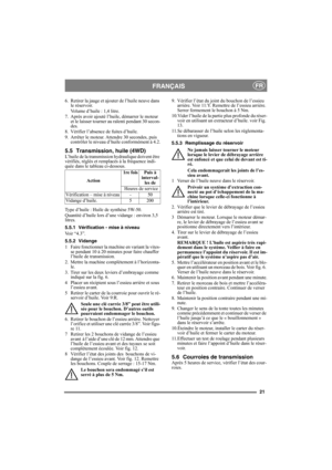 Page 2121
FRANÇAISFR
6.  Retirer la jauge et ajouter de l’huile neuve dans 
le réservoir.
Volume d’huile : 1,4 litre.
7. Après avoir ajouté l’huile, démarrer le moteur 
et le laisser tourner au ralenti pendant 30 secon-
des. 
8. Vérifier l’absence de fuites d’huile.
9. Arrêter le moteur. Attendre 30 secondes, puis 
contrôler le niveau d’huile conformément à 4.2.
5.5 Transmission, huile (4WD)L’huile de la transmission hydraulique doivent être 
vérifiés, réglés et remplacés à la fréquence indi-
quée dans le...