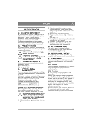 Page 107107
POLSKIPL
6 KONSERWACJA
6.1 PROGRAM SERWISOWYW celu utrzymania maszyny w dobrym stanie w 
zakresie niezawodności i bezpieczeństwa pracy, 
jak również z punktu widzenia ochrony środowiska, należy postępować zgodnie z 
programem serwisowym firmy GGP.
Serwis przeprowadzany przez autoryzowany 
warsztat gwarantuje profesjonaln
ą obsługę oraz 
zastosowanie oryginalnych części zamiennych.
6.2 PRZYGOTOWANIEWszystkie czynności serwisowe i konserwacyjne 
należy przeprowadzać na nieruchomej maszynie z...