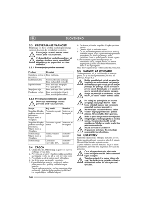 Page 140140
SLOVENSKOSL
5.3 PREVERJANJE VARNOSTIPrepričajte se, da so spodnji rezultati preverjanja 
varnosti doseženi, ko preizkušate svoj stroj.
Preverjanje varnosti morate izvesti 
vedno, pred vsako uporabo.
Če kateri koli od spodnjih rezultatov ni 
dosežen, stroja ne smete uporabljati! 
Odpeljite ga na popravilo v servisno 
delavnico.
5.3.1 Preverjanje splošne varnosti
5.3.2 Preverjanje elektri
čne varnosti
Delovanje varnostnega sistema 
preveriti pred vsako uporabo.
5.4 ZAGON1. Glejte sliko 13. Odprite čep...