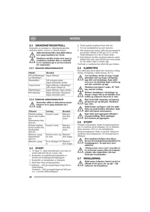 Page 3434
NORSKNO
5.3 SIKKERHETSKONTROLLKontroller at resultatet av sikkerhetskontrollen 
nedenfor innfris ved test av aktuell maskin.
Sikkerhetskontrollen skal alltid utføres 
hver gang maskinen tas i bruk.
Maskinen må ikke brukes hvis noen av 
resultatene nedenfor ikke er innfridd! 
Lever maskinen på et serviceverksted 
for reparasjon.
5.3.1 Generell sikkerhetskontroll
5.3.2 Elektrisk sikkerhetskontroll
Kontroller alltid at sikkerhetssystemet 
fungerer hver gang maskinen tas i 
bruk.
5.4 START1.   Se figur...