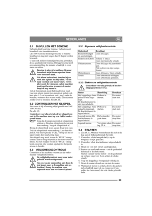 Page 6969
NEDERLANDSNL
5.1 BIJVULLEN MET BENZINEGebruik altijd loodvrije benzine. Gebruik nooit 
brandstof voor tweetaktmotoren.
LET OP! Gewone loodvrije benzine is beperkt 
houdbaar en mag niet langer dan 30 dagen worden 
bewaard.
U kunt ook milieuvriendelijke benzine gebruiken, 
d.w.z. gealkyleerde benzine. Dit type benzine heeft 
een samenstelling die minder schadelijk is voor 
mens en milieu.
Benzine is uiterst brandbaar. Bewaar 
brandstof altijd in een speciaal daar-
voor bestemde tank. 
Vul alleen...