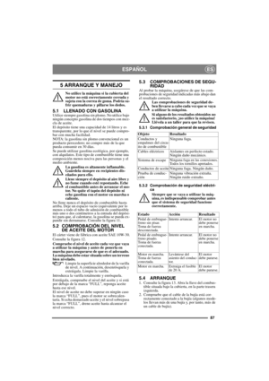 Page 8787
ESPAÑOLES
5 ARRANQUE Y MANEJO
No utilice la máquina si la cubierta del 
motor no está correctamente cerrada y 
sujeta con la correa de goma. Podría su-
frir quemaduras y pillarse los dedos.
5.1 LLENADO CON GASOLINAUtilice siempre gasolina sin plomo. No utilice bajo 
ningún concepto gasolina de dos tiempos con mez-
cla de aceite.
El depósito tiene una capacidad de 14 litros y es 
transparente, por lo que el nivel se puede compro-
bar con mucha facilidad.
NOTA: la gasolina sin plomo convencional es un...