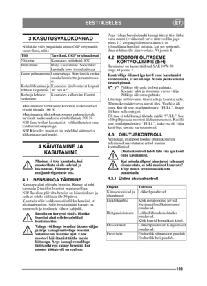 Page 123123
EESTI KEELESET
3 KASUTUSVALDKONNAD
Niidukile võib paigaldada ainult GGP originaalli-
satarvikuid, näit.:
Maksimaalne vertikaalne koormus haakeseadisel 
ei tohi ületada 100 N.
Maksimaalne ülejooksukoormus pukseeritavalt 
tarvikult haakeseadisele ei tohi ületada 500 N.
NB! Enne treileri kasutamist – võtke ühendust oma 
kindlustuskompaniiga.
NB! Käesolev masin ei ole mõeldud sõitmiseks 
üldkasutatavatel teedel.
4 KÄIVITAMINE JA 
KASUTAMINE
Masinat ei tohi kasutada, kui 
mootorikate ei ole suletud ja...