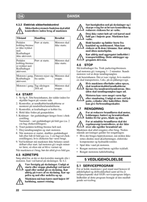 Page 2222
DANSKDA
4.3.2 Elektrisk sikkerhedskontrolSikkerhedssystemets funktion skal altid 
kontrolleres inden brug af maskinen
4.4 START1.  Se fig 8. Åbn benzinhanen, der sidder inden for skjoldet bagest på venstre side.
2.  Kontroller, at tændkablet/tændkablerne er  monteret på tændstiften/tændstifterne.
3.  Kontrollér, at kraftudtaget er koblet fra. 
4.  Hold ikke foden på gearpedalen. 
5. Koldstart - før gashåndtaget længst frem i chok- erstilling. 
Varmstart – sæt gashåndtaget på fuld gas (ca. 2 
cm bag...