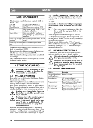 Page 2828
NORSKNO
3 BRUKSOMRÅDER
Maskinen må bare brukes med originalt GGP-til-
behør, f.eks.:
Trekkinnretningen kan belastes med en vertikal 
kraft på maksimalt 100 N.
Belastningen på trekkinnretningen fra bakmontert 
tilbehør kan være på maksimalt 500 N.
OBS! Kontakt forsikringsselskapet ditt før all bruk 
av tilhenger.
OBS! Denne maskinen skal ikke kjøres på vei som 
brukes til vanlig ferdsel.
4 START OG KJØRING
Maskinen må ikke brukes uten at mo-
torpanseret er lukket og låst. Fare for 
brannskader og...