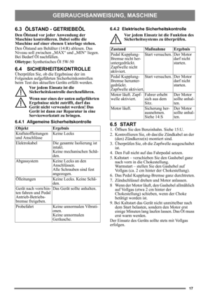 Page 1717
6.3 ÖLSTAND - GETRIEBEÖL 
Den Ölstand vor jeder Anwendung der 
Maschine kontrollieren. Dabei sollte die 
Maschine auf einer ebenen Unterlage stehen.
Den Ölstand am Behälter (14:R) ablesen. Das 
Niveau soll zwischen „MAX“ und „MIN“ liegen. 
Bei Bedarf Öl nachfüllen.
Olietype: Synthetisches Öl 5W-50 
6.4 SICHERHEITSKONTROLLE
Überprüfen Sie, ob die Ergebnisse der im 
Folgenden aufgeführten Sicherheitskontrollen 
beim Test des aktuellen Geräts erfüllt werden.
Vor jedem Einsatz ist die...