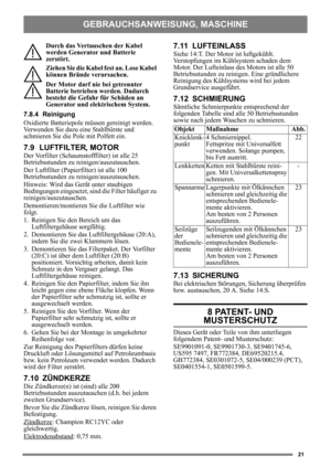 Page 2121
Durch das Vertauschen der Kabel 
werden Generator und Batterie 
zerstört.
Ziehen Sie die Kabel fest an. Lose Kabel 
können Brände verursachen.
Der Motor darf nie bei getrennter 
Batterie betrieben werden. Dadurch 
besteht die Gefahr für Schäden an 
Generator und elektrischem System.
7.8.4 Reinigung
Oxidierte Batteriepole müssen gereinigt werden. 
Verwenden Sie dazu eine Stahlbürste und 
schmieren Sie die Pole mit Polfett ein.
7.9 LUFTFILTER, MOTOR
Der Vorfilter (Schaumstofffilter) ist alle 25...