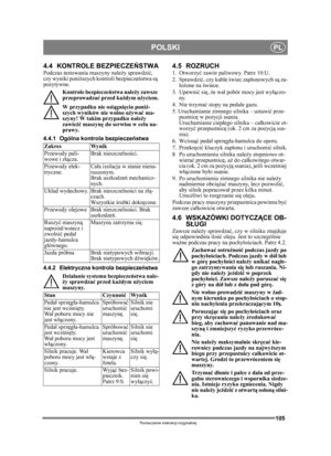 Page 105105
POLSKIPL
Tłumaczenie instrukcji oryginalnej
4.4 KONTROLE BEZPIECZEŃ STWAPodczas testowania maszyny należy sprawdzi ć, 
czy wyniki poni ższych kontroli bezpiecze ństwa są 
pozytywne.
Kontrole bezpiecze ństwa nale ży zawsze 
przeprowadza ć przed ka żdym u życiem.
W przypadku nie osi ągnięcia poniż -
szych wyników nie wolno u żywa ć ma-
szyny! W takim przypadku nale ży 
zawie źć maszyn ę do serwisu w celu na-
prawy.
4.4.1 Ogólna kontrola bezpiecze ństwa
4.4.2 Elektryczna kontrola bezpiecze ństwa
Dzia...
