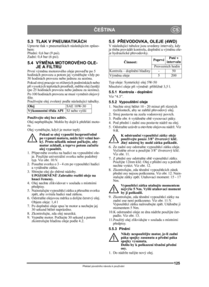 Page 125125
ČEŠTINACS
Překlad p ůvodního návodu k používání
5.3 TLAK V PNEUMATIKÁCHUpravte tlak v pneumat ikách následujícím způso-
bem:
P řední: 0,6 bar (9 psi). 
Zadní: 0,4 bar (6 psi). 
5.4 VÝM ĚNA MOTOROVÉHO OLE-
JE A FILTRU
První vým ěnu motorového oleje prove ďte po 5 
hodinách provozu a potom jej vym ěňujte vždy po 
50 hodinách provozu ne bo jednou za sezónu. 
Pokud stroj pracuje ve zt ížených podmínkách nebo 
př i vysokých teplotách prost ředí, měň te olej čast ěji 
(po 25 hodinách provozu nebo jednou za...