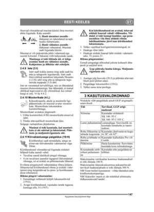 Page 147147
EESTI KEELESET
Algupärase kasutusjuhendi tõlge
Hoovad võimaldavad masinat käsitsi ilma mootori 
abita liigutada. Kaks asendit:1. Hoob sisemises asendis  – 
ülekanne on rakendatud tavapä-
raseks töötamiseks.
2. Hoob välimises asendis  – 
ülekanne vabastatud. Masinat 
saab liigutada käsitsi.
Masinat ei või pukseerida pikki vahemaid ega 
suurtel kiirustel. Ülekanne  võib kahjustada saada.
Masinaga ei tohi töötada nii, et kõige 
eesmine hoob on väl imises asendis. 
Kahjustuse ja õlilekke oht esiteljele ....