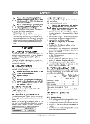 Page 167167
LATVISKILV
Instrukciju tulkojums no oriģin ālvalodas
Nekad neizmantojiet augstspiediena 
ū dens mazg āšanas ierīces. Tas var sabo-
j āt v ārpstas bl īves, elektrisk ās daļas un 
hidrauliskos v ārstus.
Nekad nev ērsiet augsta spiediena gaisa 
str ūklu pret radiatora pl āksnēm. Tas 
saboj ās plākšņu konstrukciju. 
P ēc katras lietošanas izt īriet maš īnu. Veicot t īr īša-
nu,  ņemiet vē rā  š ādus nor ādī jumus:
• Nelejiet  ūdeni tieši uz dzin ēja. 
•T īriet dzin ēju ar birsti un/vai saspiestu gaisu....