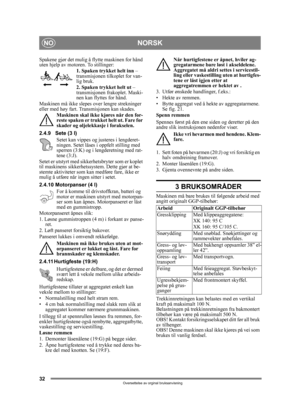 Page 3232
NORSKNO
Oversettelse av orginal bruksanvisning
Spakene gjør det mulig å flytte maskinen for hånd 
uten hjelp av motoren. To stillinger:1. Spaken trykket helt inn – 
transmisjonen tilkoplet for van-
lig bruk.
2. Spaken trykket helt ut  – 
transmisjonen frakoplet. Maski-
nen kan flyttes for hånd.
Maskinen må ikke slep es over lengre strekninger 
eller med høy fart. Transmisjonen kan skades. 
Maskinen skal ikke kjøres når den for-
reste spaken er trukket helt ut. Fare for 
skader og oljelekkasje i...