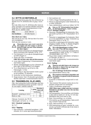 Page 3535
NORSKNO
Oversettelse av orginal bruksanvisning
5.4 BYTTE AV MOTOROLJEBytt motorolje første gang etter fem driftstimer og 
deretter hver 50. driftstime eller en gang i seson-
gen. 
Bytt olje oftere, hver 25. driftstime eller minst en 
gang i sesongen, hvis motoren arbeider usedvanlig 
tungt eller hvis omgivelsestemperaturen er høy.
Bruk olje iht. tabellen under.
Ikke tilsett noe i oljen.
Ikke fyll på for mye olje. Det kan føre til at moto-
ren overopphetes. 
Skift olje når motoren er varm.
Motoroljen...