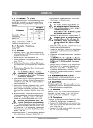 Page 4444
DEUTSCHDE
Übersetzung der Originalbetriebsanleitung
5.5 GETRIEBE, ÖL (4WD)Öl in der hydraulischen Kraftübertragung sollten 
gemäß den Abständen in der unten aufgeführten 
Tabelle kontrolliert, justiert bzw. ausgewechselt 
werden.
Öltyp: Synthetisches Öl 5W-50
Ölmenge beim Wechsel: ca. 3,5 Liter
5.5.1 Kontrolle – Einstellung
Siehe “4.3”.
5.5.2 Ablassen
1. Betreiben Sie das Gerä t mit wechselnden Ge-
schwindigkeiten 10-20 Minuten, sodass das Ge-
triebeöl erwärmt wird.
2. Stellen Sie das Gerät waagerecht...