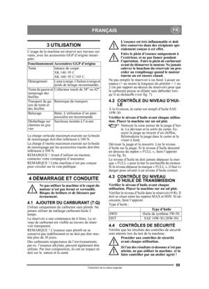 Page 5959
FRANÇAISFR
Traduction de la notice originale
3 UTILISATION
L’usage de la machine est réservé aux travaux sui-
vants, avec les accessoires GGP d’origine rensei-
gnés.
La charge verticale maximum exercée sur la boule 
de remorquage doit êt re inférieure à 100 N.
La charge d’inertie maximum exercée sur la boule 
de remorquage par les acce ssoires tractés doit être 
inférieure à 500 N.
REMARQUE ! Avant d’utiliser un tracteur, 
contactez votre comp agnie d’assurance.
REMARQUE ! Cette mach ine n’est pas...