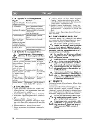 Page 7878
ITALIANOIT
Traduzione delle istruzioni originali
4.4.1 Controllo di sicurezza generale
4.4.2 Controllo di sicurezza elettricoControllare sempre il funzionamento 
del sistema di sicure zza prima delluso.
4.5 AVVIAMENTO1.  Aprire il rubinetto de lla benzina. Vedere 10:U.
2.  Controllare che i cavi  delle candele siano inse-
riti nelle rispettive candele.
3.  Controllare che la pres a di forza sia disinserita. 
4. Non tenere il piede sul  pedale della trasmissio-
ne. 
5. Partenza a freddo  - chiudere...