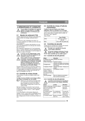 Page 5555
FRANÇAISFR
4 DÉMARRAGE ET CONDUITE
Ne pas utiliser la machine si le capot du 
moteur n’est pas fermé et verrouillé. 
Risque de brûlure et de blessure par 
écrasement.
4.1 Ajouter du carburant (7:Q)Utiliser uniquement du carburant sans plomb. Ne 
jamais utiliser de mélange carburant-huile 2 
temps.
Le réservoir a une contenance de 6 litres. Le 
niveau de carburant est visible au travers du réser-
voir transparent.
REMARQUE ! L’essence sans plomb ne se con-
serve pas indéfiniment et ne doit pas être...