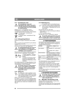 Page 6262
NEDERLANDSNL
2.4.7 Krachtafnemer (2:G)
De krachtafnemer mag nooit 
ingeschakeld zijn wanneer het aan de 
voorzijde gemonteerde gereedschap in 
de transportstand staat. Dit beschadigt 
de riemtransmissie.
Hendel voor in- en uitschakelen van de 
krachtafnemer voor aandrijving van aan de 
voorzijde gemonteerde accessoires. Twee standen:
1. Voorste stand - krachtafnemer 
uitgeschakeld.
2. Achterste stand - krachtafnemer inge-
schakeld. 
2.4.8 Ontkoppelingshefboom 
Hendel om de traploze transmissie uit te...