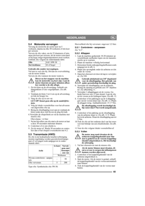 Page 6565
NEDERLANDSNL
5.4 Motorolie vervangenVervang de motorolie de eerste keer na 5 
werkuren, daarna na elke 50 werkuren of één keer 
per seizoen. 
Ververs de olie vaker, om de 25 draaiuren of min-
stens één keer per seizoen, als de motor extra hard 
of bij hoge omgevingstemperaturen moet werken.
Gebruik olie volgens de onderstaande tabel.
Gebruik olie zonder toevoegingen.
Vul niet te veel olie bij. Dit kan tot oververhitting 
van de motor leiden. 
Ververs de olie wanneer de motor warm is.
Direct na het...