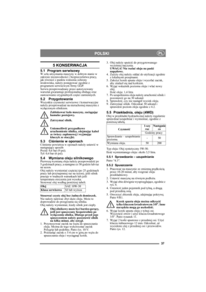 Page 3737
POLSKIPL
5 KONSERWACJA
5.1 Program serwisowyW celu utrzymania maszyny w dobrym stanie w 
zakresie niezawodności i bezpieczeństwa pracy, 
jak również z punktu widzenia ochrony 
środowiska, należy postępować zgodnie z 
programem serwisowym firmy GGP.
Serwis przeprowadzany przez autoryzowany 
warsztat gwarantuje profesjonalną obsługę oraz 
zastosowanie oryginalnych części zamiennych.
5.2 PrzygotowanieWszystkie czynności serwisowe i konserwacyjne 
należy przeprowadzać na nieruchomej maszynie z 
wyłączonym...