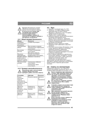 Page 4545
РУССКИЙRU
Проверки безопасности должны 
обязательно выполняться перед 
каждым использованием машины.
Если результаты какой-либо 
указанной ниже проверки 
неудовлетворительны, 
эксплуатировать машину не 
допускается! Отправьте машину в 
мастерскую для ремонта!
4.4.1Общая проверка безопасности
4.4.2Проверка электробезопасности
Каждый раз перед эксплуатацией 
машины обязательно надо 
проверить работу системы защиты.4.5Пуск1. Откройте топливный кран. См. 10:U.
2. Убе д и т е с ь, что кабель (кабели) свечи...