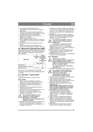 Page 4747
РУССКИЙRU
4.Утилизация отработанного масла 
производится в соответствии с местными 
правилами.
5.Ус т а н о в и т е сливную масляную пробку и 
сдвиньте зажим назад таким образом, чтобы 
он пережимал шланг выше пробки.
6.Извлеките измеритель уровня масла и 
залейте новое масло.
Объём масла: примерно 1,4 л
7.После заправки масла, запустите двигатель 
и прогрейте его на холо стом ходу в течение 
30 секунд. 
8.Осмотрите двигатель на предмет утечки 
масла.
9.Остановите двигатель. Подождите 30 
секунд, и...