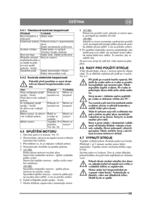 Page 139139
ČEŠTINACS
4.4.1 Všeobecná kontrola bezpe čnosti
4.4.2 Kontrola elektrické bezpe čnosti
Pokaždé p řed použitím se musí zkont-
rolovat  činnost bezpe čnostního systé-
mu.
4.5 SPUŠT ĚNÍ MOTORU1. Otevřete palivový kohout. Viz 15.
2.  Zkontrolujte, zda jsou na zapalovacích sví čkách 
nainstalovány kabely.
3. P řesv ěd čete se, že je odpojen vedlejší pohon. 
4.  Nenechávejte chodidlo na pedálu pohonu. 
5. 165 HD:
Pá čku plynu nastavte na plný plyn. 
Startování studeného motoru – úpln ě vytáhně te 
pá čku...