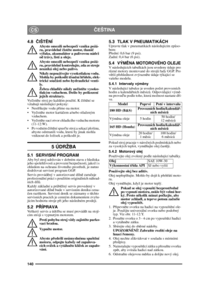 Page 140140
ČEŠTINACS
4.8 ČIŠT ĚNÍAbyste omezili nebezpe čí vzniku požá-
ru, pravideln ě č ist ěte motor, tlumi č 
výfuku, akumulátor a palivovou nádrž 
od trávy, listí a oleje.
Abyste omezili nebezpe čí vzniku požá-
ru, pravideln ě kontrolujte, zda ze stroje 
neuniká olej nebo palivo. 
Nikdy nepoužívejte vysokotlakou vodu. 
Mohla by poškodit t ěsn ění hř ídele, elek-
trické sou části nebo hydraulické venti-
ly.
Žebra chladič e nikdy nečist ěte vysoko-
tlakým vzduchem. Došlo by poškození 
jejich struktury. 
Vy...