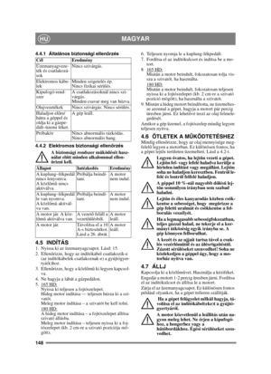 Page 148148
MAGYARHU
4.4.1 Általános biztonsági ellenőrzés
4.4.2 Elektromos biztonsági ellen őrzés
A biztonsági rendszer m űködését hasz-
nálat el őtt minden alkalommal ellen-
ő rizni kell.
4.5 INDÍTÁS1.  Nyissa ki az üzemanyagcsapot. Lásd: 15.
2. Ellenő rizze, hogy az indítókábel csatlakozik-e 
(az indítókábelek csatlakoznak-e) a gyújtógyer-
tyá(k)hoz.
3. Ellenő rizze, hogy a közl őm ű ki legyen kapcsol-
va. 
4.  Ne hagyja a lábát a gázpedálon. 
5. 165 HD:
Nyissa ki teljesen a fojtószelepet. 
Hideg motor...