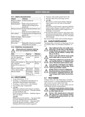Page 167167
EESTI KEELESET
4.4.1 Üldine ohutuskontroll
4.4.2 Elektriline ohutuskontrollOhutussüsteemi toimimist tuleb iga 
kord enne kasutamist kontrollida.
4.5 KÄIVITAMINE1.  Avage kütusekraan. Vt 15.
2.  Veenduge, et süüteküünla juhe/juhtmed on ühendatud süüteküünlaga/-küünaldega.
3.  Veenduge, et käitusvõll on välja lülitatud. 
4.  Ärge hoidke jalga sõidupedaalil. 
5. 165 HD:
Viige gaasi juhtimisseade täisgaasi asendisse. 
Külma mootori käivitamine – tõmmake õhukla-
pi nupp täielikult välja. 
Sooja mootori...