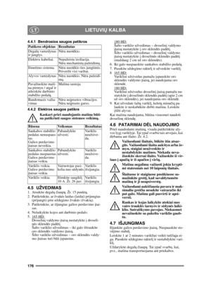 Page 176176
LIETUVIŲ KALBALT
4.4.1 Bendrosios saugos patikros
4.4.2 Elektros saugos patikra
Kaskart prieš naudojantis mašina b ūti-
na patikrinti saugos sistemos veikim ą.
4.5 UŽVEDIMAS1. Atsukite degalų  č iaup ą. Žr. 15 punktą .
2.  Patikrinkite, ar žvak ės laidas (laidai) prijungtas 
(prijungti) prie uždegimo žvak ės (žvaki ų).
3.  Patikrinkite, ar išjungtas galios perdavimo  įtai-
sas. 
4.  Nelaikykite kojos ant darbinio pedalo. 
5. 165 HD:
Droselin į valdymo  įtais ą nustatykite į  droseli-
n ės sklend ės...