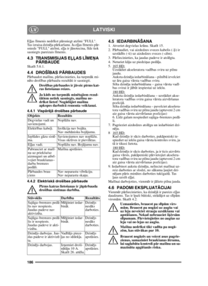 Page 186186
LATVISKILV
Eļļas l īmenis nedr īkst p ārsniegt atz īmi FULL. 
Tas izraisa dzin ēja p ārkaršanu. Ja e ļļas līmenis p ār-
sniedz FULL atz īmi, e ļļa ir j ānotecina, l īdz tiek 
sasniegts pareizais l īmenis.
4.3 TRANSMISIJAS E ĻĻAS L ĪME ŅA 
P Ā RBAUDE
Skat īt 5.6.1.
4.4 DROŠ ĪBAS P ĀRBAUDESPārbaudot maš īnu, p ārliecinieties, ka turpm āk mi-
n ēto droš ības pā rbaužu rezult āti ir sasniegti.
Droš ības p ārbaudes ir j āveic pirms kat-
ras lietošanas reizes.
Ja k āds no turpm āk min ētajiem rezul-
t ā...