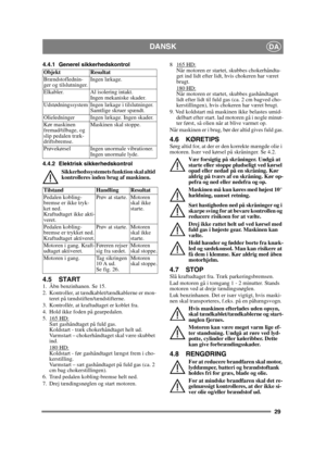 Page 2929
DANSKDA
4.4.1 Generel sikkerhedskontrol
4.4.2 Elektrisk sikkerhedskontrolSikkerhedssystemets funktion skal altid 
kontrolleres inden brug af maskinen.
4.5 START1.  Åbn benzinhanen. Se 15.
2.  Kontroller, at tændkablet/tændkablerne er mon-teret på tændstiften/tændstifterne.
3.  Kontrollér, at kraftudtaget er koblet fra. 
4.  Hold ikke foden på gearpedalen. 
5. 165 HD:
Sæt gashåndtaget på fuld gas. 
Koldstart - træk chokerhåndtaget helt ud. 
Varmstart – chokerhåndtaget skal være skubbet 
ind.
180 HD:...