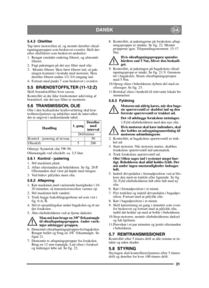 Page 3131
DANSKDA
5.4.3 Oliefilter
Tap først motorolien af, og montér derefter olieaf-
tapningsproppen som beskrevet ovenfor. Skift der-
efter oliefilteret som beskrevet nedenfor:
1. Rengør området omkring filteret, og afmontér filteret.
2. Fugt pakningen på det nye filter med olie.
3.  Montér filteret. Skru først filteret ind, så pak- ningen kommer i kontakt med motoren. Skru 
derefter filteret endnu 1/2-3/4 omgang ind.
4. Fortsæt med punkt 7 som beskrevet i ovenfor.
5.5 BRÆNDSTOFFILTER (11-12:Z)Skift...