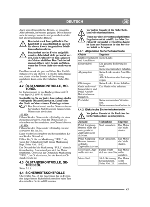 Page 4747
DEUTSCHDE
Auch umweltfreundliches Benzin, so genanntes 
Alkylatbenzin, ist bestens geeignet. Diese Benzin-
sorte ist weniger umwelt- und gesundheitsschäd-
lich als herkömmliches Benzin.Benzin ist stark feuergefährlich. Der 
Kraftstoff ist ausschließlich in speziell 
für diesen Zweck hergestellten Behäl-
tern aufzubewahren. 
Benzin darf nur im Freien aufgefüllt 
werden, dabei darf nicht geraucht wer-
den. Den Kraftstoff vor dem Anlassen 
des Motors einfüllen. Den Tankdeckel 
niemals öffnen oder Benzin...