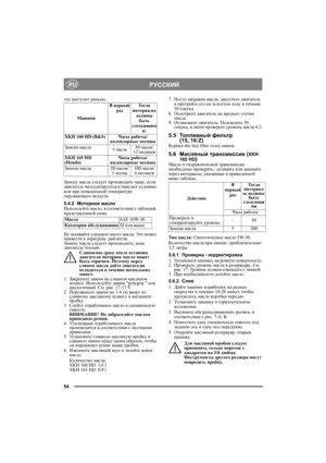 Page 5454
РУССКИЙRU
что наступит раньше.
Замену масла следует производить чаще, если 
двигатель эксплуатируется в тяжелых условиях 
или при повышенной температуре 
окружающего воздуха.
5.4.2Моторное масло
Используйте масло, в соответствии с таблицей, 
представленной ниже.
Не заливайте слишком много масла. Это может 
привести к перегреву двигателя. 
Замену масла следует производить, пока 
двигатель теплый.
Сливаемое сразу после останова 
двигателя моторное масло может 
быть горячим. Поэтому перед 
сливом масла...