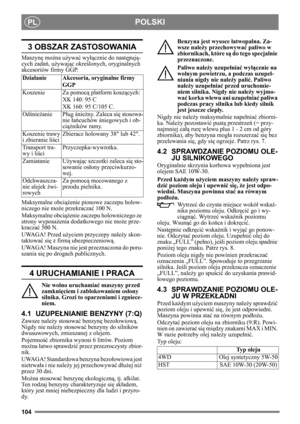Page 104104
POLSKIPL
3 OBSZAR ZASTOSOWANIA
Maszynę można uż ywać wy łącznie do nastę pują-
cych zadań, uż ywając okre ślonych, oryginalnych 
akcesoriów firmy GGP.
Maksymalne obci ążenie pionowe zaczepu holow-
niczego nie moż e przekraczać 100 N.
Maksymalne obciąż enie zaczepu holowniczego ze 
strony wyposa żenia dodatkowego nie mo że prze-
kracza ć 500 N.
UWAGA! Przed u życiem przyczepy należ y skon-
taktowa ć si ę z firm ą ubezpieczeniow ą.
UWAGA! Maszyna nie jest przeznaczona do poru-
szania si ę po drogach...