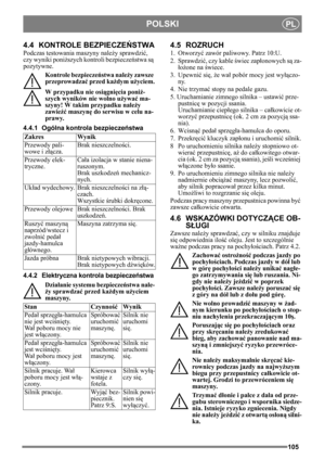 Page 105105
POLSKIPL
4.4 KONTROLE BEZPIECZEŃSTWA
Podczas testowania maszyny należy sprawdzi ć, 
czy wyniki poni ższych kontroli bezpiecze ństwa są 
pozytywne.
Kontrole bezpiecze ństwa nale ży zawsze 
przeprowadzać  przed każdym u życiem.
W przypadku nie osi ągnięcia poni ż-
szych wyników nie wolno u żywa ć ma-
szyny! W takim przypadku nale ży 
zawieźć  maszyn ę do serwisu w celu na-
prawy.
4.4.1 Ogólna kontrola bezpiecze ństwa
4.4.2 Elektryczna kontrola bezpiecze ństwa
Dzia łanie systemu bezpieczeń stwa nale-
ż...