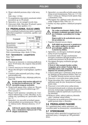 Page 107107
POLSKIPL
6. Wyjąć wska źnik poziomu oleju i wla ć nowy 
olej.
Ilo ść oleju: 1,4 litra
7. Po uzupe łnieniu oleju nale ży uruchomi ć silnik i 
pozostawi ć go na 30 sekund. 
8. Sprawdzi ć, czy nie nast ąpi ł wyciek oleju.
9. Zatrzyma ć silnik. Odczeka ć 30 sekund i spraw-
dzi ć poziom oleju zgodnie z 4.2.
5.5 PRZEK ŁADNIA, OLEJU (4WD)
Olej w przekł adni hydraulicznej nale ży regularnie 
sprawdza ć/uzupe łnia ć i wymienia ć, zgodnie z po-
ni ższ ą tabel ą. 
Typ oleju: Olej syntetyczny 5W-50.
Ilo ść...