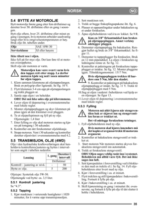 Page 3535
NORSKNO
5.4 BYTTE AV MOTOROLJE
Bytt motorolje første gang etter fem driftstimer og 
deretter hver 50. driftstime eller en gang i seson-
gen. 
Bytt olje oftere, hver 25. driftstime eller minst en 
gang i sesongen, hvis motoren arbeider usedvanlig 
tungt eller hvis omgivels estemperaturen er høy.
Bruk olje iht. tabellen under.
Ikke tilsett noe i oljen.
Ikke fyll på for mye olje.  Det kan føre til at moto-
ren overopphetes. 
Skift olje når motoren er varm.
Motoroljen kan være svært varm hvis 
den tappes...