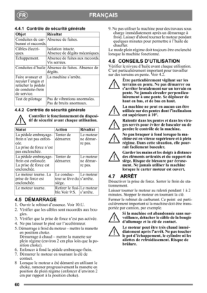 Page 6060
FRANÇAISFR
4.4.1 Contrôle de sécurité générale 
4.4.2 Contrôle de sécurité générale Contrôler le fonctionnement du disposi-
tif de sécurité avant chaque utilisation.
4.5 DÉMARRAGE
1.  Ouvrir le robinet d’essence. Voir 10:U.
2.  Vérifier que les câbles sont raccordés aux bou-gies.
3.  Vérifier que la prise de force n’est pas activée. 
4. Ne pas laisser le pied sur l’accélérateur. 
5. Démarrage à froid du moteur – mettre la manette  en position choke. 
Démarrage à chaud – mettre la manette sur 
plein...