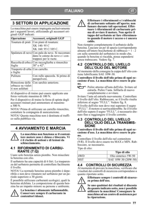 Page 7777
ITALIANOIT
3 SETTORI DI APPLICAZIONE
La macchina può essere impiegata esclusivamente 
per i seguenti lavori, util izzando gli accessori ori-
ginali GGP indicati:
Al dispositivo di traino  può essere applicata una 
forza verticale massima di 100 N.
Per il dispositivo di traino  la forza di spinta degli 
accessori trainati può ammontare al massimo 
a 500 N.
NOTA! Prima di utilizzare un carrello rimorchio, 
contattare la compa gnia di assicurazione.
NOTA! Questa macchina non è destinata al traffi-
co...