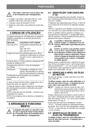 Page 9595
PORTUGUÊSPT
Não rodar a alavanca com as mãos. Ris-
co de ferimentos por esmagamento.
1. Coloque o pé sobre a alavanca (20:J) e, com  cuidado, rode meia volta para a frente.
2. Coloque o pino de bloqueio (19:G).
3. Repita no outro lado o procedimento acima des- crito.
3 ÁREAS DE UTILIZAÇÃO
A máquina só pode ser utilizada para os seguintes 
trabalhos utilizando os acessórios genuínos da 
GGP indicados.
A carga vertical máxima s obre o dispositivo de re-
boque não pode ser superior a 100 N.
A carga de...