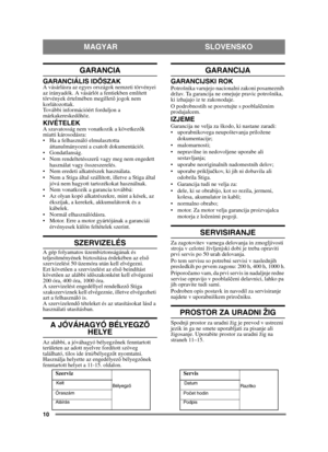 Page 1010
GARANCIA
GARANCIÁLIS IDŐSZAKA vásárlásra az egyes országok nemzeti törvényei 
az irányadók. A vásárlót a fentiekben említett 
törvények értelmében megillet ő jogok nem 
korlátozottak.
További információért forduljon a 
márkakeresked őhöz.
KIVÉTELEKA szavatosság nem vonatkozik a következ ők 
miatti károsodásra:
 Ha a felhasználó elmulasztotta 
áttanulmányozni a csatolt dokumentációt.
 Gondatlanság.
 Nem rendeltetésszer ű vagy meg nem engedett 
használat vagy összeszerelés.
 Nem eredeti alkatrészek...