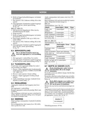 Page 2323
NORSKNO
6. Koble ut begge hydraulikkslangene ved uttaket på maskinen. 
7. Sett sperren (7:D) i bakerste stilling slik at den  sperrer.
8. Grip aggregatet i fremkanten og løft til aggrega- tet låser seg fast i første sperrestilling. 
Se fig. 10.
RM 135 - RM 155:
3. Still inn laveste klippehøyde. Ellers kan hy- draulikkslangene bli skadet.
4. Stopp motoren
5. Koble ut begge hydraulikkslangene ved uttaket  på maskinen. Se fig. 8.
6. Fjern begge splintene (5:B) og ta vekk even- tuelle brikker.
7. Sett...