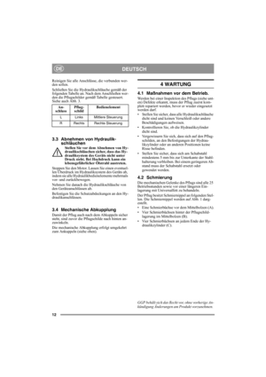 Page 1212
DEUTSCHDE
Reinigen Sie alle Anschlüsse, die verbunden wer-
den sollen.
Schließen Sie die Hydraulikschläuche gemäß der 
folgenden Tabelle an. Nach dem Anschließen wer-
den die Pflugschilder gemäß Tabelle gesteuert. 
Siehe auch Abb. 3.
3.3 Abnehmen von Hydraulik-
schläuchen
Stellen Sie vor dem Abnehmen von Hy-
draulikschläuchen sicher, dass das Hy-
drauliksystem des Geräts nicht unter 
Druck steht. Bei Hochdruck kann ein 
lebensgefährlicher Ölstrahl austreten.
Stoppen Sie den Motor. Lassen Sie einen...